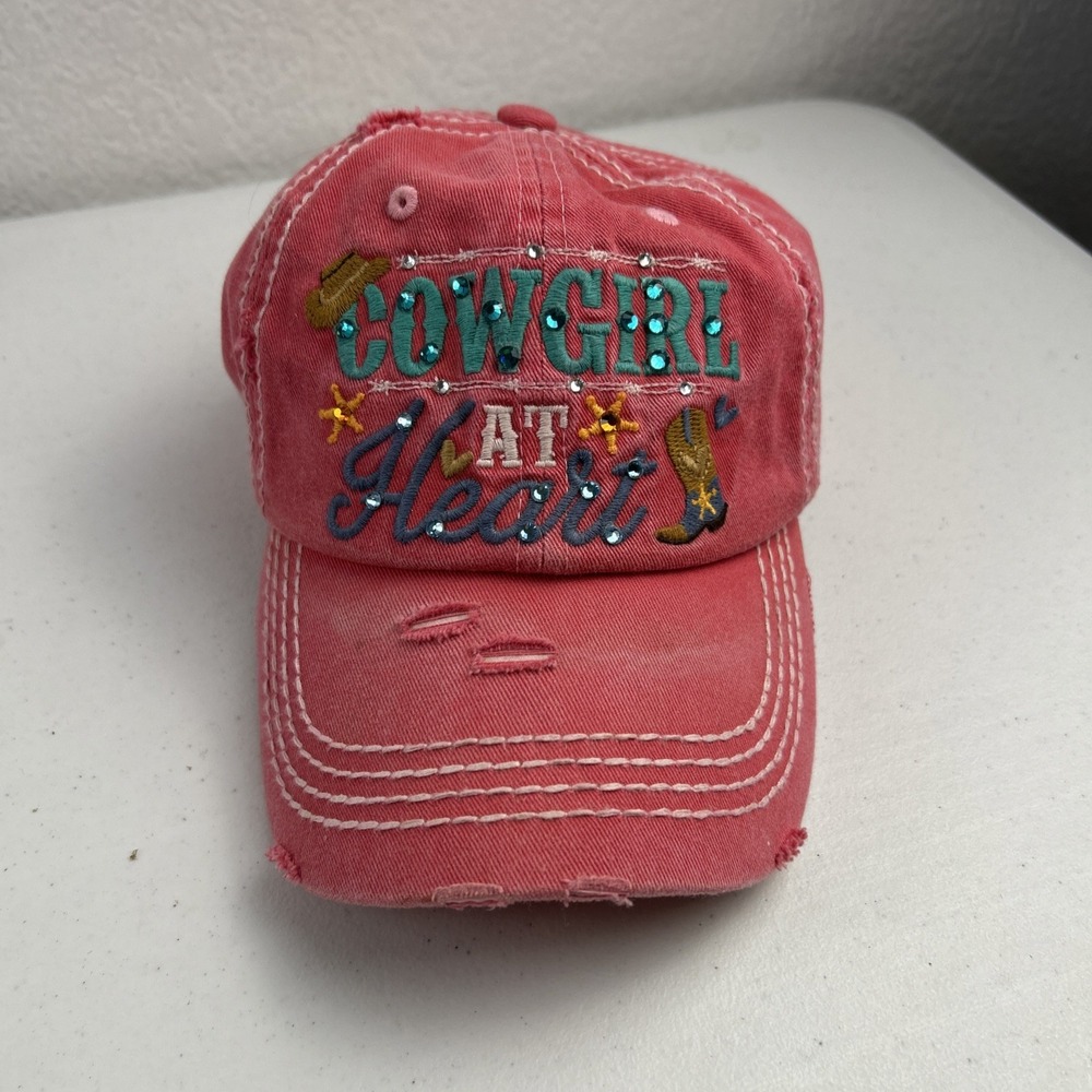 Cowgirl At Heart Distressed Baseball Cap Hat Pink Adjustable